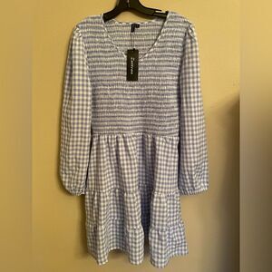 Zattcus blue gingham smocked tiered dress XL NWT